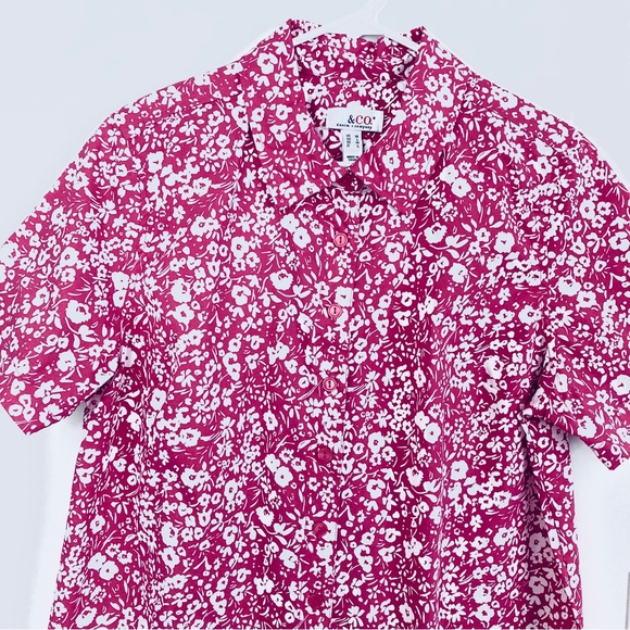Denim & Co. Printed Button Front Shirt in Magenta Floral, Size M - Picture 6 of 13